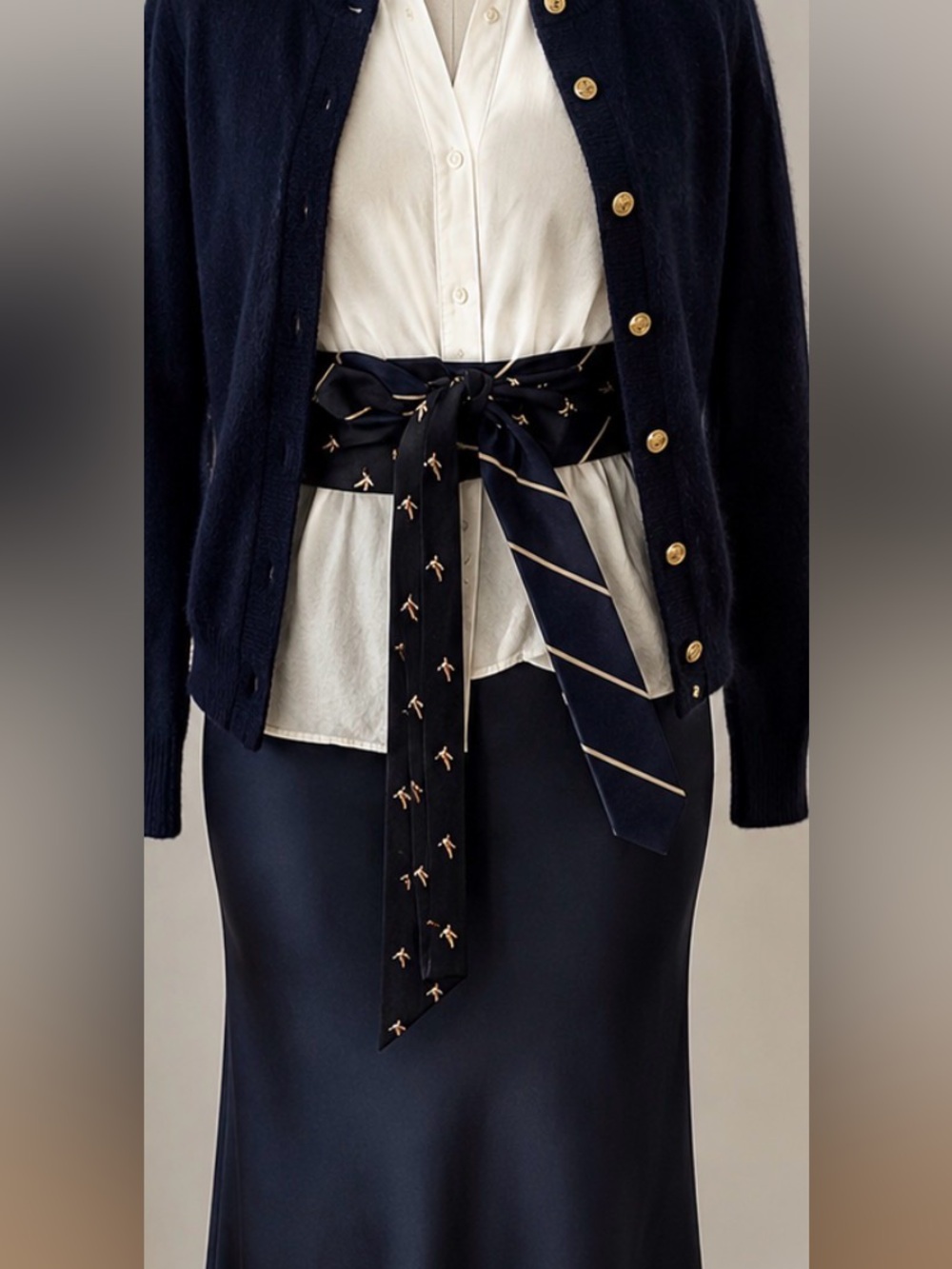 Navy Stripe Polo Tie paired with vintage duck tie 🦆Repurposed tie OBI belt -